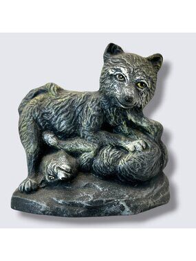 Hand Painted Wolf Pup Figurine Playing On Base - Stone Look Ceramic - Rustic Dec